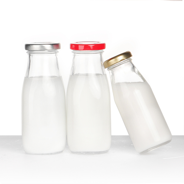 In Stock 8oz 12oz 14oz 32oz Clear Transparent Milk Packaging Glass Milk Bottle For Drinking With Metal Lid