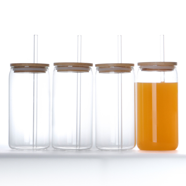 Custom Logo Can Shape Drinking Juice And Beer Glass Can Cola Cup with Bamboo Lid And Glass Straw