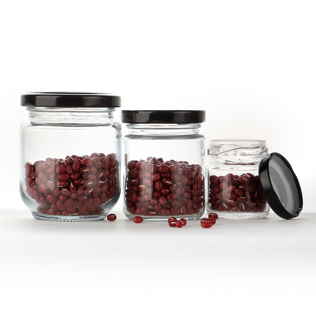 Custom clear straight side clear glass honey jars food container with metal lid honey jam round food grade glass jars