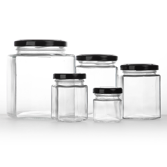 Wholesale Custom Color Style Hexagonal Marple Jam Glass Honey Jar Bottles With Metal Lid for Kitchen Food Container