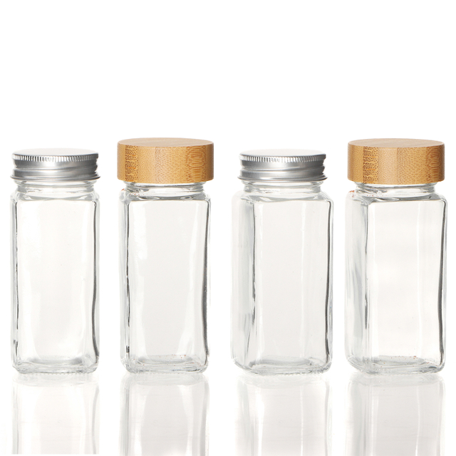 Customizable 120ml Square Spice Bottles Condiment Pot 4oz Glass Spice Jars Bottles With Bamboo Lids