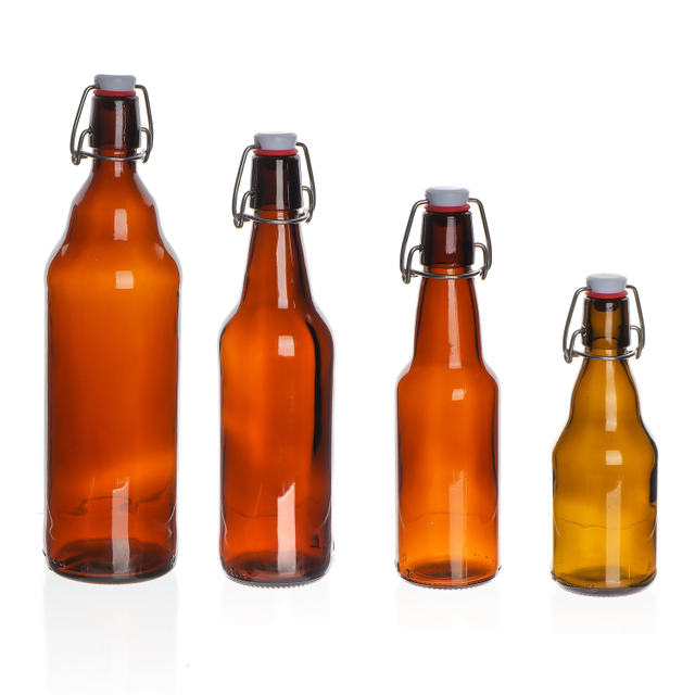 Wholesale 330ml 500ml 1000ml amber beer soda swing top glass bottle with lid thickened brown glass bottle