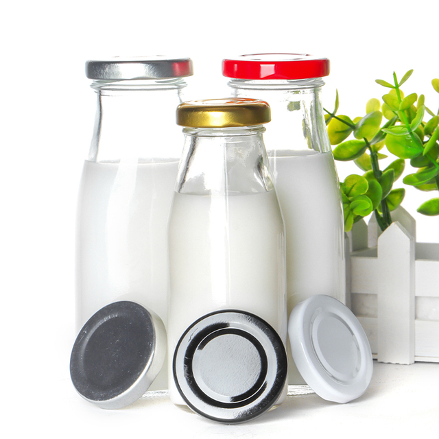 In Stock 8oz 12oz 14oz 32oz Clear Transparent Milk Packaging Glass Milk Bottle For Drinking With Metal Lid