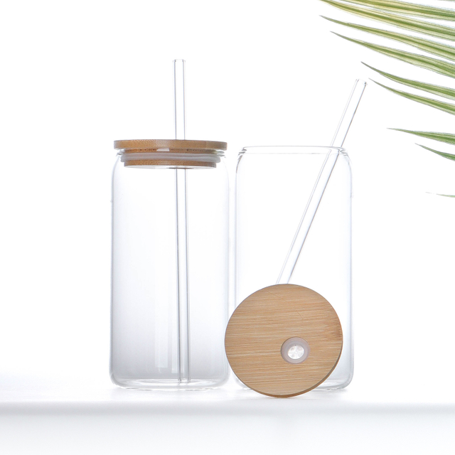 Custom Logo Can Shape Drinking Juice And Beer Glass Can Cola Cup with Bamboo Lid And Glass Straw